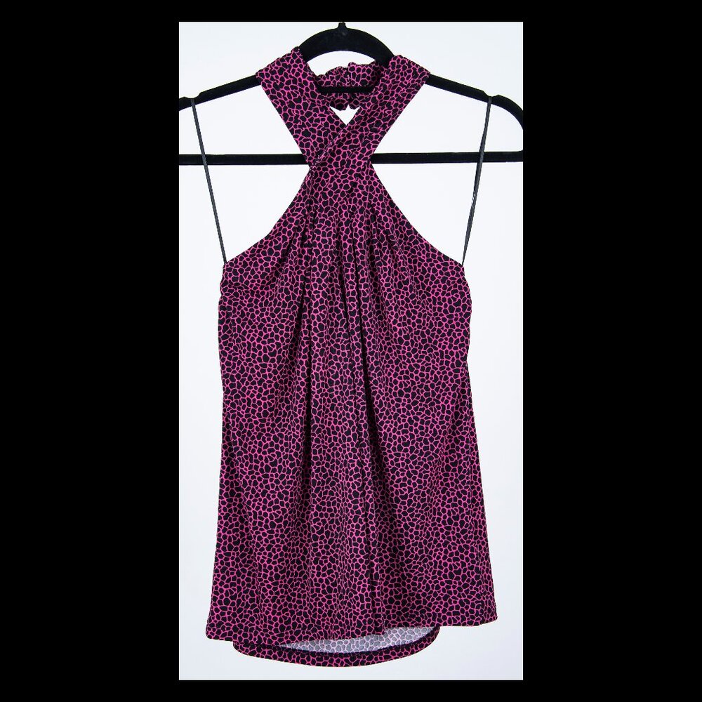 Michael Kors Womens Pink Black Animal Print Sleeveless Jersey Halter Top L NWT